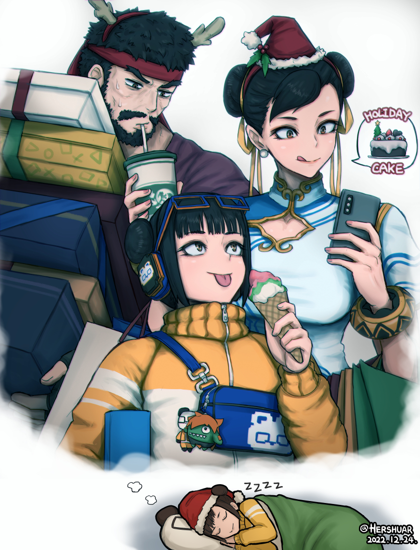 1boy 2girls :p antlers bangs beard black_hair blunt_bangs box cellphone chinese_clothes chun-li closed_eyes commentary cup dated double_bun dreaming english_commentary facial_hair food gift gift_box goggles goggles_on_head hair_bun headband hershuar holding holding_cup holding_food holding_gift holding_phone ice_cream jacket li-fen licking_lips long_sleeves multiple_girls mustache phone red_headband reindeer_antlers ryu_(street_fighter) sleeping smartphone spoken_food street_fighter street_fighter_6 tongue tongue_out twitter_username yellow_jacket zipper_pull_tab zzz