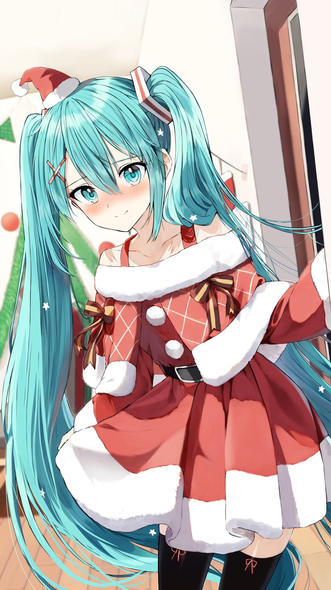 1girl aqua_eyes aqua_hair bangs bare_shoulders belt black_thighhighs blush christmas collarbone commentary_request cowboy_shot dress fur-trimmed_sleeves fur_trim hair_between_eyes hair_ornament hairclip hat hatsune_miku highres indoors long_hair looking_at_viewer mini_hat pentagon_(railgun_ky1206) red_dress santa_costume santa_hat smile solo thigh-highs tilted_headwear twintails very_long_hair vocaloid wide_sleeves x_hair_ornament zettai_ryouiki