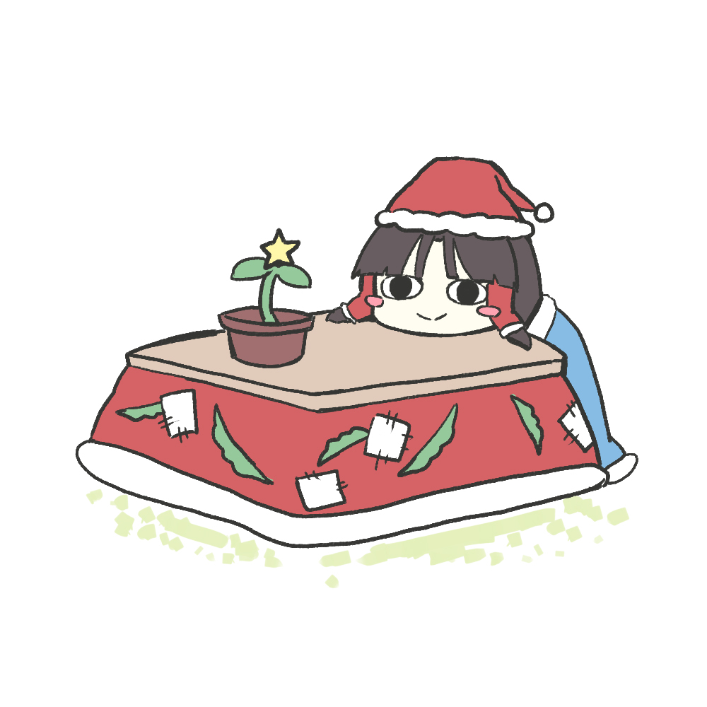 1girl black_eyes blanket blush_stickers brown_hair chibi closed_mouth deetamu hair_ornament hakurei_reimu hat head_on_table kotatsu plant potted_plant santa_hat simple_background smile solo star_(symbol) table touhou white_background