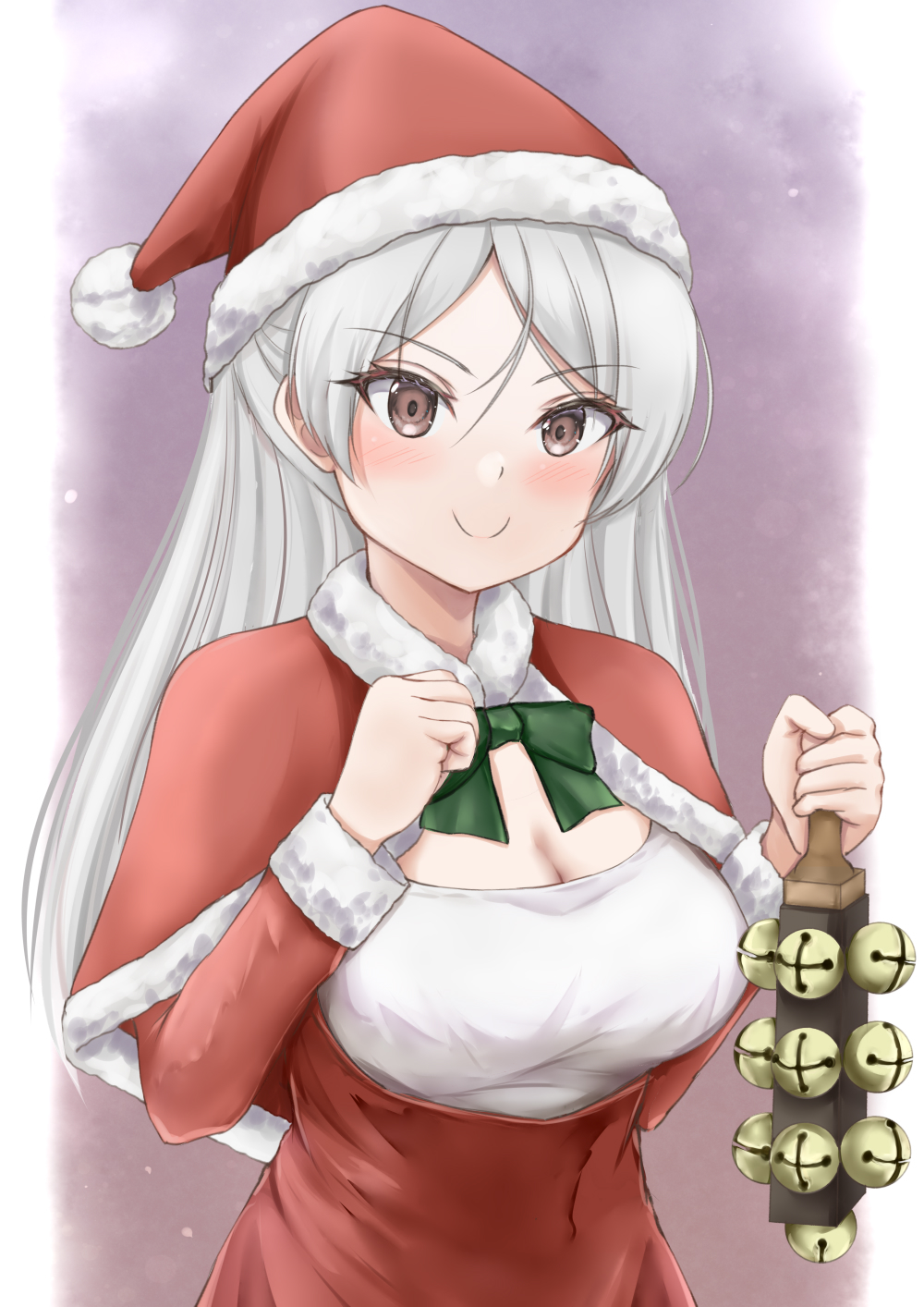 1girl bell blush border breasts brown_background brown_eyes capelet cleavage_cutout clothing_cutout conte_di_cavour_(kancolle) cowboy_shot dress gradient gradient_background hat highres jingle_bell kantai_collection koru_pera large_breasts long_hair long_sleeves red_dress santa_costume santa_hat snowing solo two_side_up white_border
