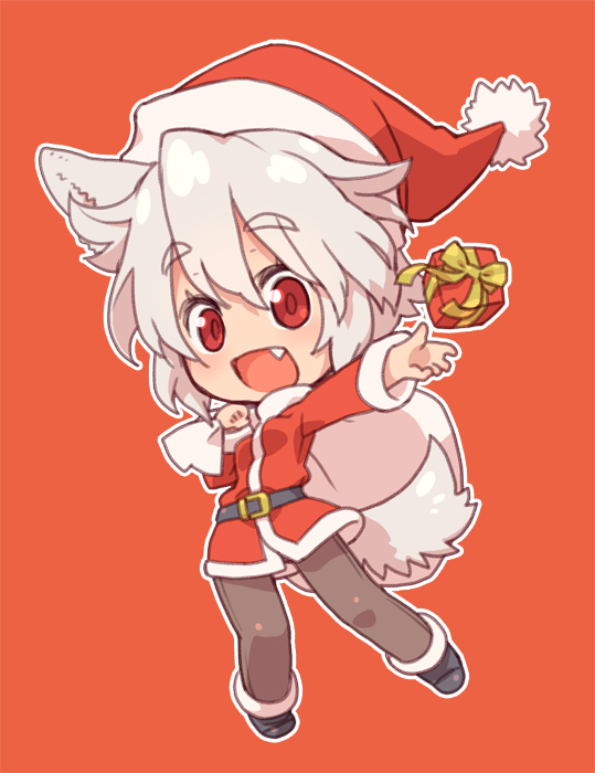 1girl :d animal_ear_fluff animal_ears bangs belt black_footwear boots brown_pants chibi fang full_body gift hat holding holding_gift inubashiri_momiji long_sleeves looking_at_viewer open_mouth orange_background outline outstretched_arm pants red_eyes santa_costume santa_hat short_hair simple_background smile solo susagane tail touhou white_hair white_outline wolf_ears wolf_girl wolf_tail