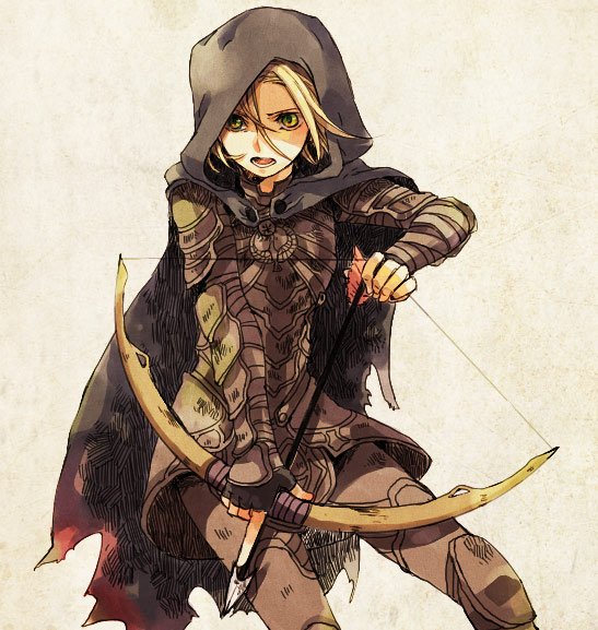1girl armor arrow_(projectile) bangs blonde_hair bow_(weapon) breastplate brown_cloak brown_pants cloak commentary_request dovahkiin drawing_bow feet_out_of_frame green_eyes hair_between_eyes holding holding_bow_(weapon) holding_weapon hood hood_up hooded_cloak open_mouth pants short_hair solo the_elder_scrolls the_elder_scrolls_v:_skyrim tokio_(okt0w0) weapon