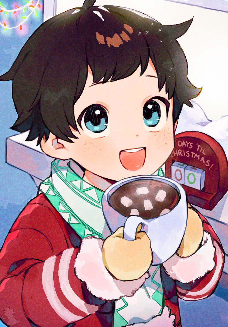 1boy blue_eyes brown_hair christmas_lights coat commentary english_commentary english_text food highres hot_chocolate looking_at_viewer male_child male_focus marshmallow mittens open_mouth original red_coat scarf smile solo teeth thebrushking upper_teeth_only winter_clothes