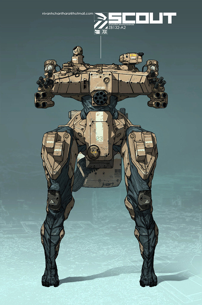 cable chain_gun english_commentary full_body mecha nivanh_chanthara no_humans original robot science_fiction shadow solo standing straight-on walker