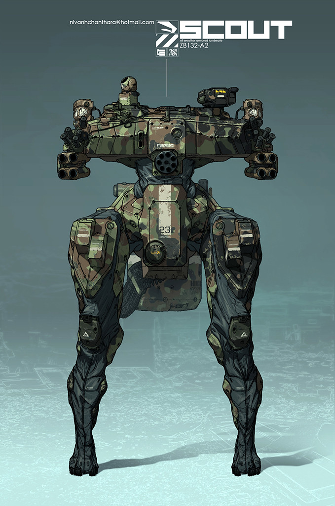 cable chain_gun english_commentary full_body mecha nivanh_chanthara no_humans original robot science_fiction shadow standing straight-on walker
