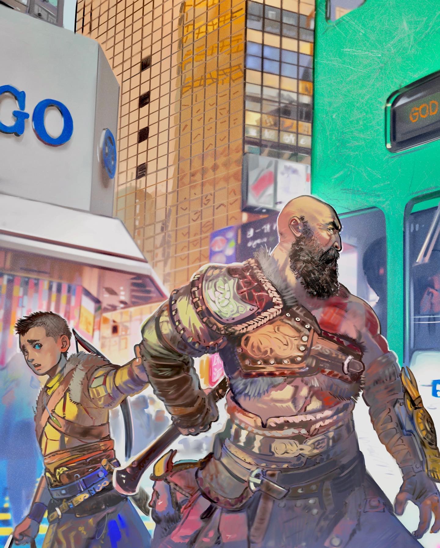 3boys anachronism arm_guards atreus bald beard bow_(weapon) building bus city commentary english_commentary facial_hair father_and_son god_of_war ground_vehicle highres kratos little_thunder male_focus mimir mohawk motor_vehicle multiple_boys undercut weapon weapon_on_back