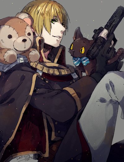 1boy bangs black_cat black_coat black_gloves blonde_hair buttons cat coat commentary_request double-breasted feet_out_of_frame gloves green_eyes grey_background grey_pants gun handgun holding holding_gun holding_weapon long_sleeves looking_at_viewer male_focus pants parted_lips ragnarok_online rebellion_(ragnarok_online) short_hair smile solo stuffed_animal stuffed_toy teddy_bear tokio_(okt0w0) weapon