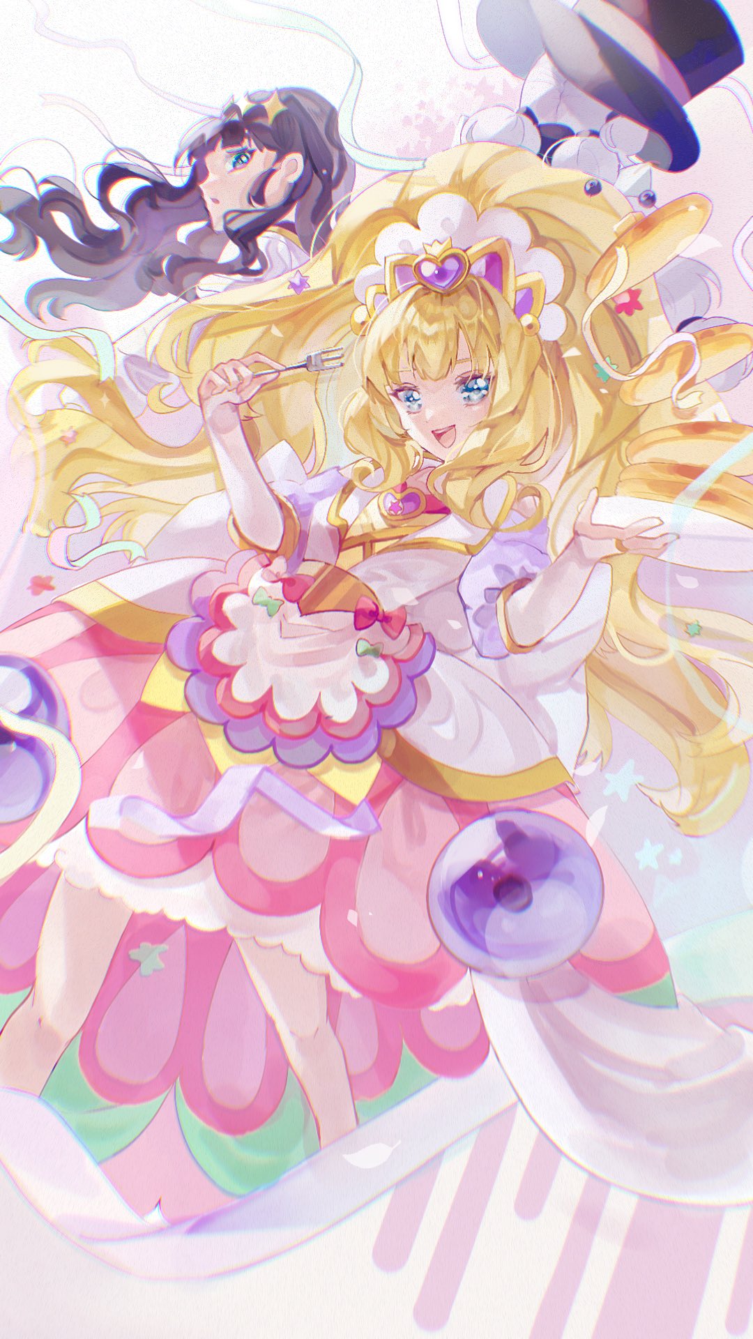 1girl apron black_hair blonde_hair blue_eyes braid bridal_gauntlets cure_finale delicious_party_precure dress fork gentlu_(precure) hat high_ponytail highres holding holding_fork kasai_amane long_hair magical_girl miyui open_mouth precure sidelocks smile sparkle_hair_ornament tiara top_hat twin_braids white_hair wide_ponytail