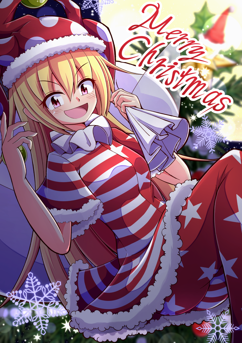 1girl alternate_color aospanking bag bangs black_sky blonde_hair blurry blurry_background blush breasts christmas christmas_tree clownpiece commentary_request dress english_text fairy_wings gift_bag grey_dress grey_pants hair_between_eyes hands_up hat holding holding_bag jester_cap long_hair looking_at_viewer medium_breasts merry_christmas moon multicolored_clothes multicolored_dress multicolored_pants neck_ruff night night_sky open_mouth pants pink_eyes pointy_ears polka_dot red_dress red_headwear red_pants short_sleeves sitting sky smile snowflakes solo star_(sky) star_(symbol) star_print starry_sky striped striped_dress striped_pants tongue touhou transparent_wings v-shaped_eyebrows white_dress wings yellow_moon