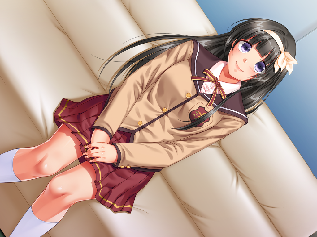 1girl bangs black_hair blunt_bangs couch dutch_angle game_cg hands_on_lap headband indoors knees_together_feet_apart long_hair looking_at_viewer non-web_source saimin_counselor school_uniform shirakawa_miho_(saimin_counselor) sitting smile solo un_tabetarou violet_eyes