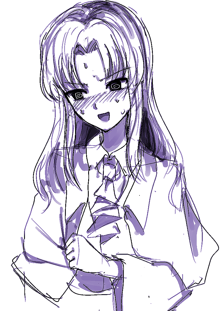 1other @_@ androgynous atoymk bangs blush capelet clause collared_shirt commentary_request embarrassed korean_commentary len'en long_hair long_sleeves monochrome necktie open_mouth other_focus parted_bangs shirt simple_background sketch smile solo sweat v-shaped_eyebrows white_background