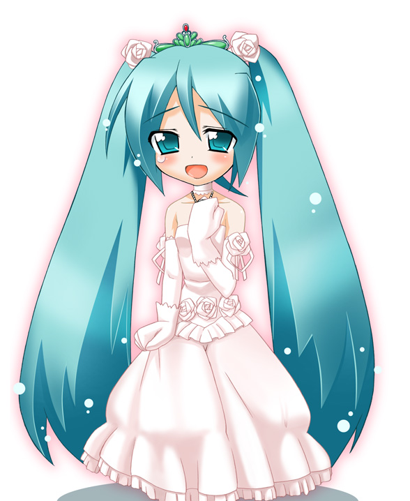 1girl alternate_costume aqua_eyes aqua_hair artist_request bangs bridal_veil chibi dress full_body happy hatsune_miku jewelry long_hair necklace non-web_source open_mouth smile solo twintails veil vocaloid wedding_dress