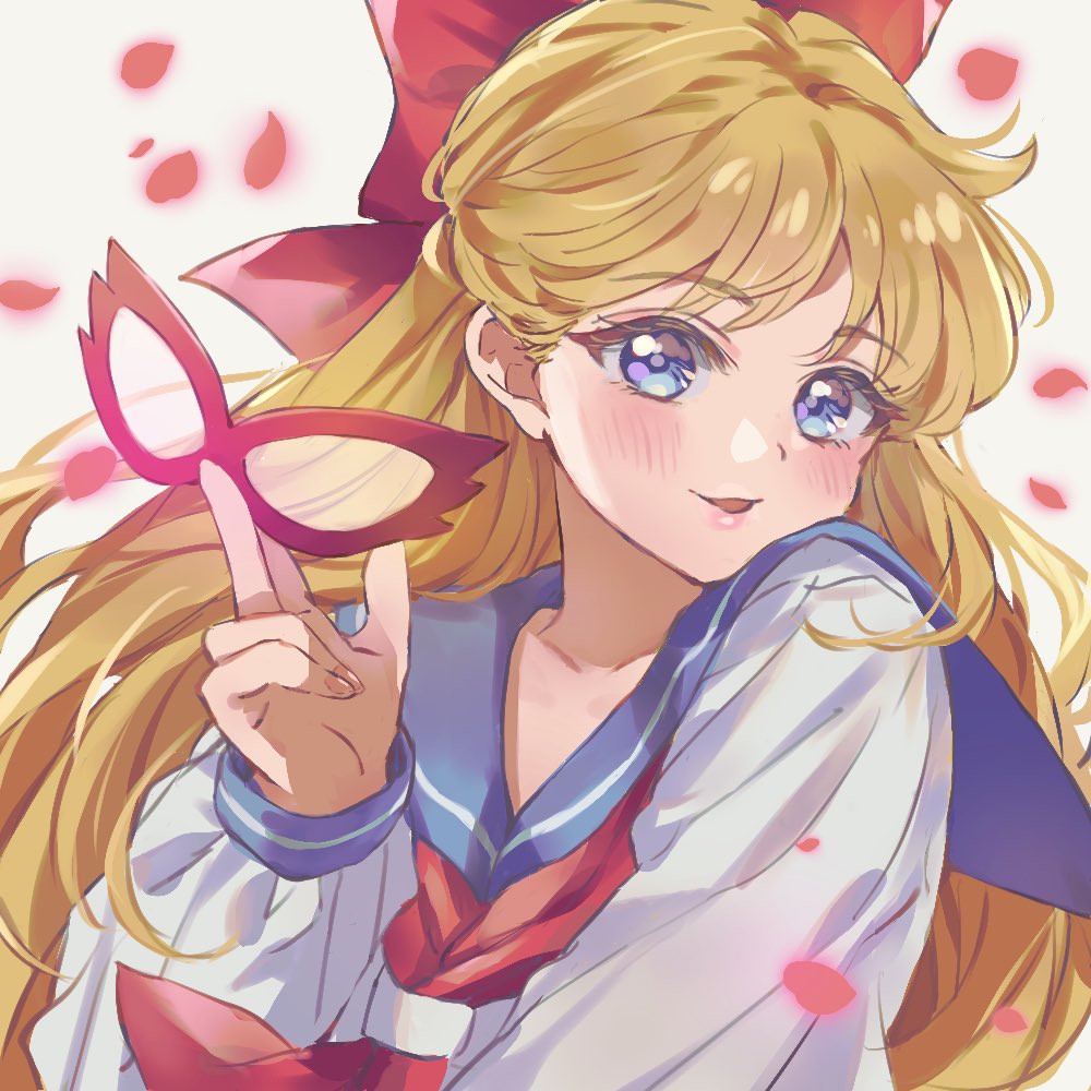 aino_minako bangs blonde_hair blue_eyes blue_sailor_collar bow codename_wa_sailor_v domino_mask hair_bow lips long_hair mask meguru_(dagmin) neckerchief red_bow red_neckerchief sailor_collar school_uniform serafuku shiba_koen_middle_school_uniform shirt smile white_shirt