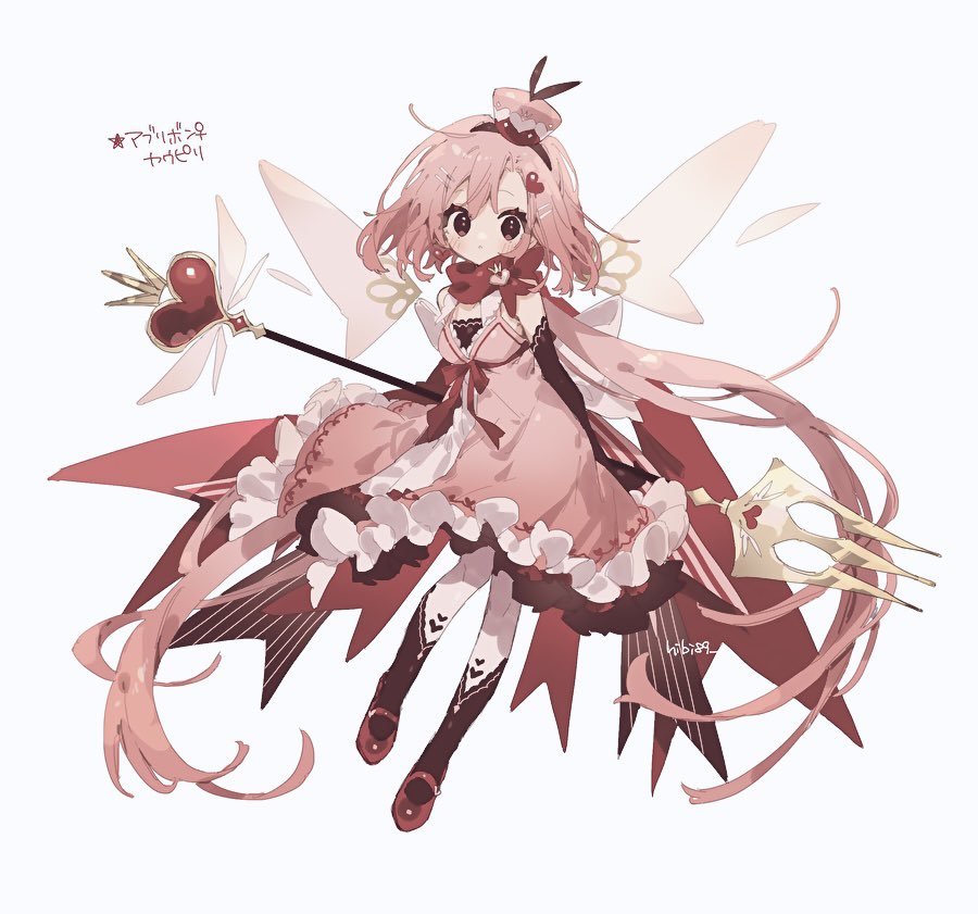 1girl alternate_color blush brown_eyes brown_gloves character_request dress elbow_gloves fairy_wings fork full_body gloves hair_ornament heart heart_hair_ornament hibi89 holding holding_fork long_hair looking_at_viewer low_twintails magical_girl mary_janes personification pink_dress pokemon red_footwear shiny_pokemon shoes simple_background solo twintails two-tone_pantyhose very_long_hair wand white_background wings