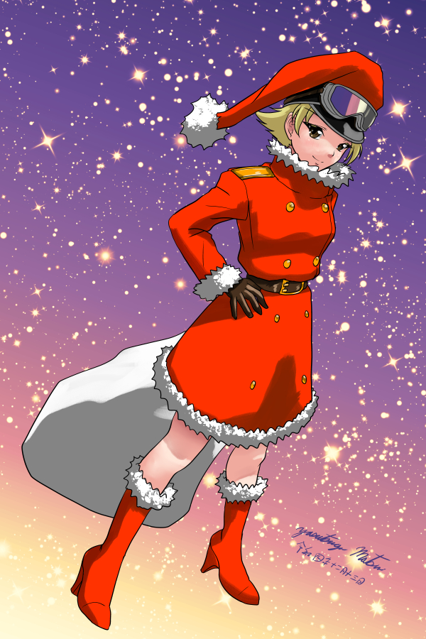 1girl blonde_hair brown_eyes christmas erwin_(girls_und_panzer) full_body girls_und_panzer gloves goggles hat holding holding_sack looking_at_viewer matsui_yasutsugu one-hour_drawing_challenge red_footwear sack santa_costume santa_hat shiny shiny_hair signature simple_background smile solo starry_background