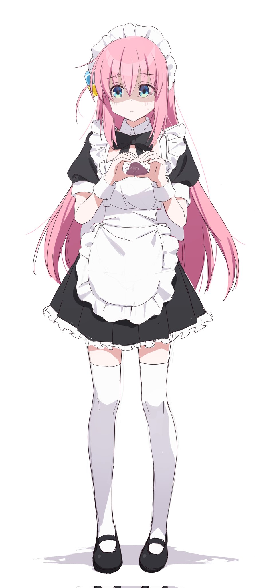 1girl apron bocchi_the_rock! bow cube_hair_ornament gotou_hitori hair_ornament heart heart_hands highres long_hair looking_away maid maid_apron maid_headdress one_side_up pink_hair pn_(wnsl216) solo thigh-highs white_thighhighs