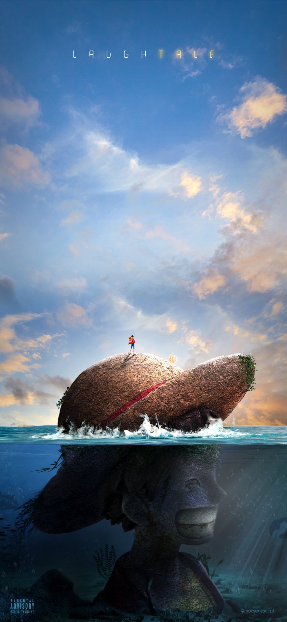 1boy artist_name blue_sky clouds cloudy_sky english_text hat highres holding holding_clothes holding_hat maksensse_gf monkey_d._luffy moss ocean one_piece partially_submerged red_shirt shirt shorts sky smile splashing standing statue sunlight underwater