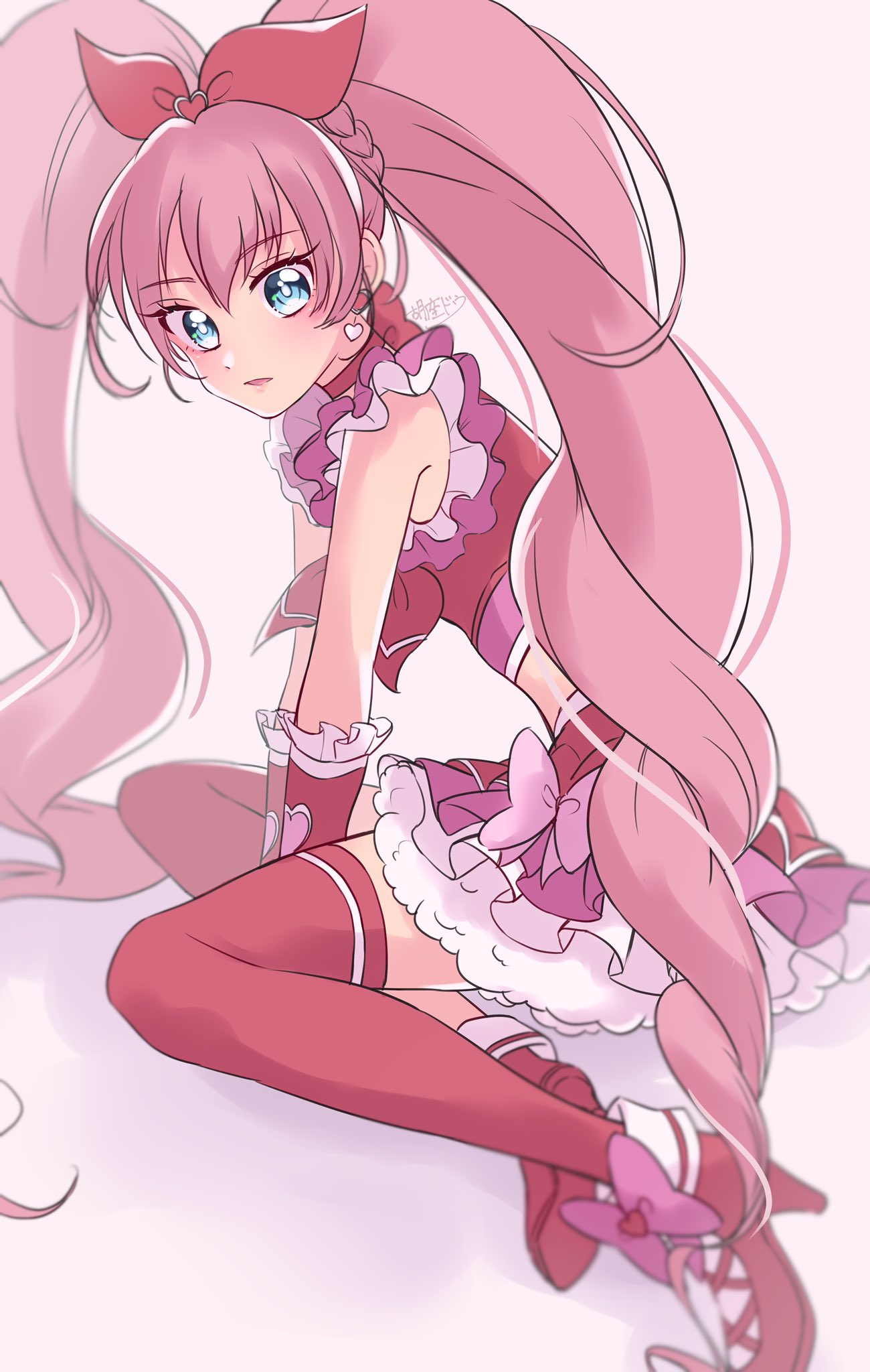 1girl agura_dou blue_eyes bow_choker choker crop_top cure_melody earrings frilled_skirt frills heart heart_earrings highres houjou_hibiki jewelry long_hair midriff pink_choker pink_footwear pink_hair pink_thighhighs precure sitting skirt solo suite_precure thigh-highs twintails