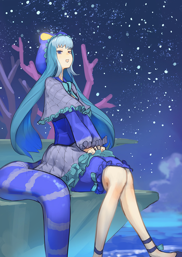 1girl aqua_hair bangs blouse blue_eyes blue_hair bow bowtie capelet don3 frilled_capelet frilled_sleeves frills from_side hat kemono_friends komodo_dragon_(kemono_friends) lizard_tail long_hair long_sleeves looking_up multicolored_hair night night_sky open_mouth outdoors outstretched_arms shirt sitting skirt sky smile solo star_(sky) starry_sky tail twintails very_long_hair