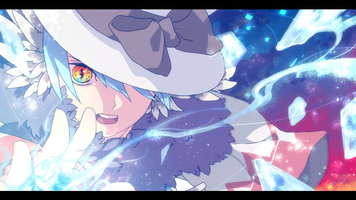 1boy bangs blue_hair bow brown_bow commentary_request feathered_wings fur_collar hair_between_eyes hat hat_bow head_wings letterboxed looking_at_viewer magic male_focus official_alternate_costume open_mouth portrait ragnarok_online short_hair slit_pupils solo sorcerer_(ragnarok_online) teeth tokio_(okt0w0) upper_teeth_only white_headwear white_wings wings