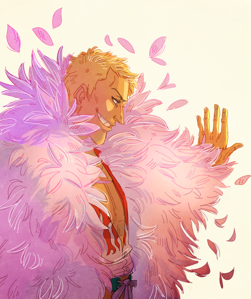 1boy blonde_hair coat donquixote_doflamingo feather_coat feathers grin kauulii looking_down male_focus multicolored_clothes one_piece open_clothes open_shirt outstretched_arm pink_coat short_hair simple_background smile solo_focus sunlight teeth upper_body
