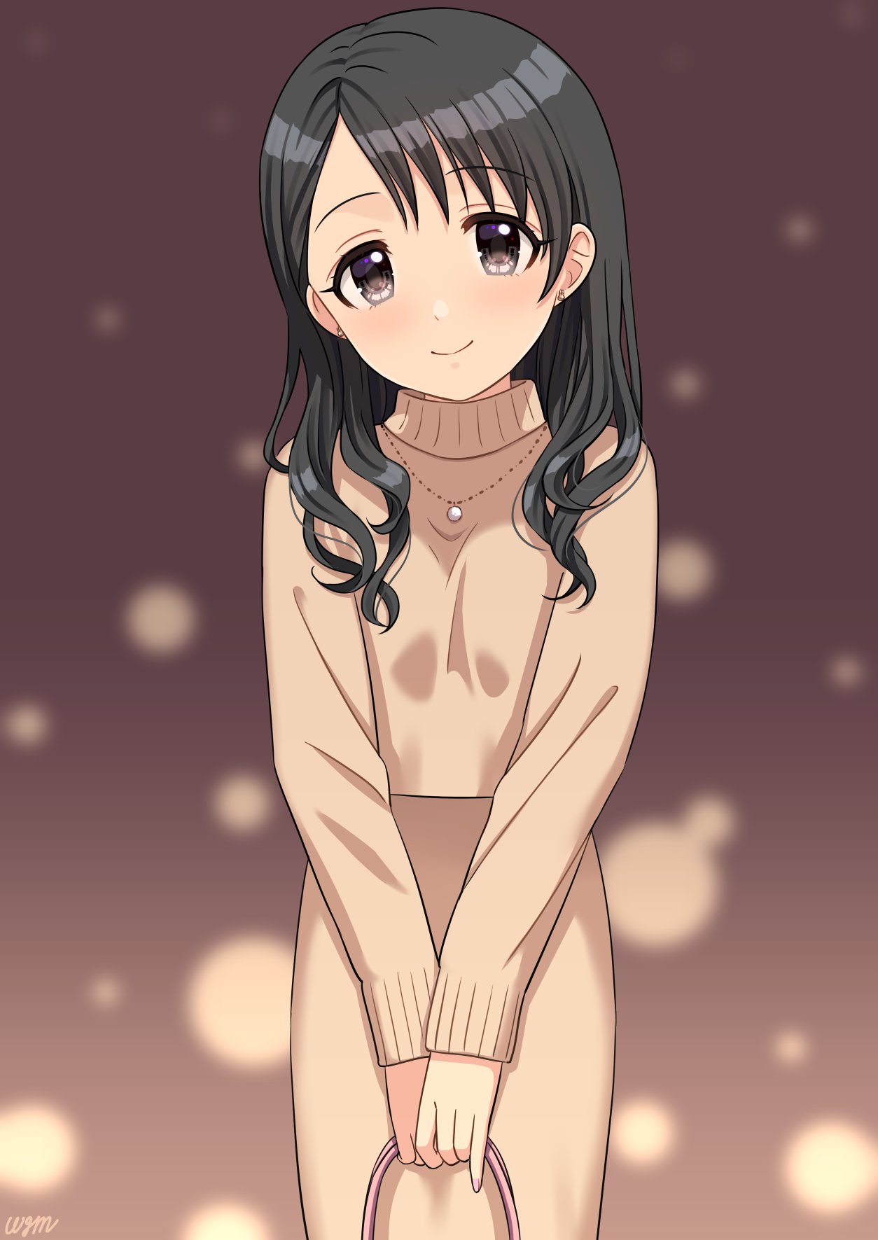 1girl aged_up bag bangs black_eyes black_hair brown_background brown_dress commentary commission cowboy_shot dotted_background dress earrings gradient gradient_background high_collar highres holding holding_bag idolmaster idolmaster_cinderella_girls jewelry light_blush long_hair long_sleeves looking_at_viewer necklace sasaki_chie signature skeb_commission smile solo wavy_hair wgm_oekaki