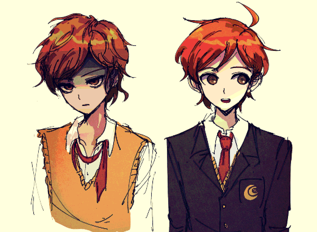 2boys ahoge atoymk black_jacket brown_eyes commentary_request jacket korean_commentary long_sleeves maeda_yuki male_focus multiple_boys necktie open_collar open_mouth orange_hair orange_sweater_vest parted_lips persona red_necktie sanpaku shirt short_hair simple_background super_danganronpa_another_2 sweater_vest undone_necktie utsuro_(danganronpa_another) white_shirt yellow_background