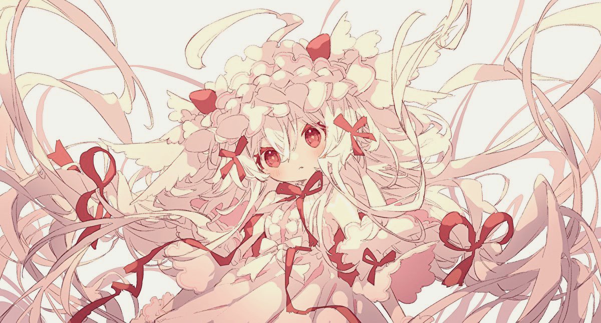 1girl ahoge alcremie alcremie_(strawberry_sweet) alcremie_(vanilla_cream) bow dress dress_bow floating_hair hair_bow hairband head_wings hibi89 lolita_hairband long_hair looking_at_viewer neck_ribbon personification pink_theme pokemon red_eyes red_ribbon ribbon solo very_long_hair white_bow white_dress white_hair white_headwear