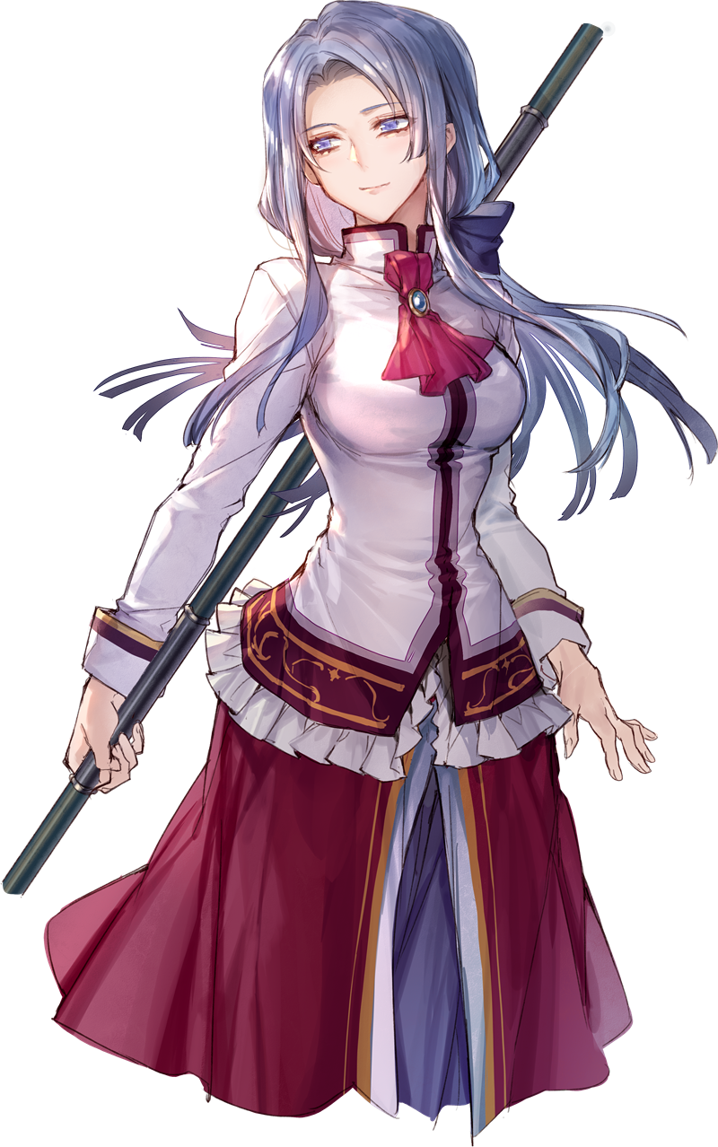 1girl achan_(blue_semi) ascot blue_eyes bow character_request closed_mouth cropped_legs eiyuu_densetsu floating_hair grey_hair hair_bow hair_intakes highres holding holding_polearm holding_weapon jacket long_hair long_skirt long_sleeves polearm purple_bow red_ascot red_skirt shiny shiny_hair skirt smile solo standing transparent_background weapon white_jacket