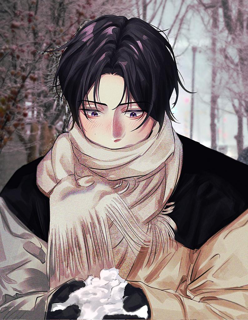 1boy black_gloves black_hair blush brown_coat brown_scarf character_request cm_aday coat commentary_request covered_mouth debwi_mos_hamyeon_jugneun_byeong_geollim gloves holding_snowball korean_commentary long_sleeves looking_down male_focus mole mole_on_cheek photo_background scarf short_hair snowball solo upper_body violet_eyes winter winter_clothes