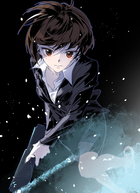 1girl black_jacket black_skirt brown_eyes cofffee collared_shirt dark_background gun holding holding_gun holding_weapon jacket looking_at_viewer pencil_skirt psycho-pass shirt skirt solo suit_jacket tsunemori_akane weapon white_shirt