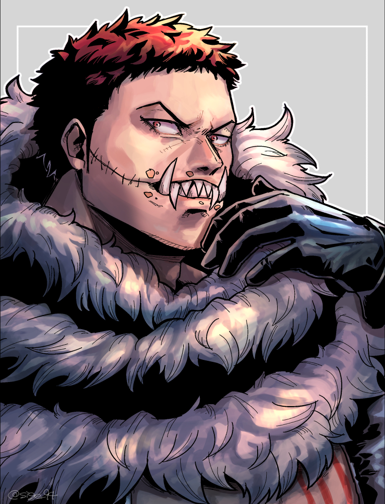 1boy black_gloves charlotte_katakuri chest_tattoo eating food food_on_face gloves looking_at_viewer male_focus one_piece portrait scarf sharp_teeth short_hair sige_94 solo spikes stitches tattoo teeth tusks upper_body