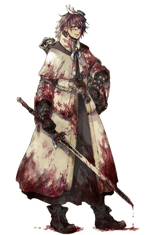 1boy bangs black_headwear black_tunic blood blood_drip blood_on_clothes bloodborne blue_bow blue_bowtie bow bowtie brooch brown_hair capelet coat commentary_request full_body gauntlets glasses grin hair_between_eyes hat holding holding_sword holding_weapon hunter_(bloodborne) jewelry looking_at_viewer male_focus mini_hat pince-nez red_coat scabbard sheath short_hair simple_background smile solo standing sword tokio_(okt0w0) tunic weapon white_background white_capelet