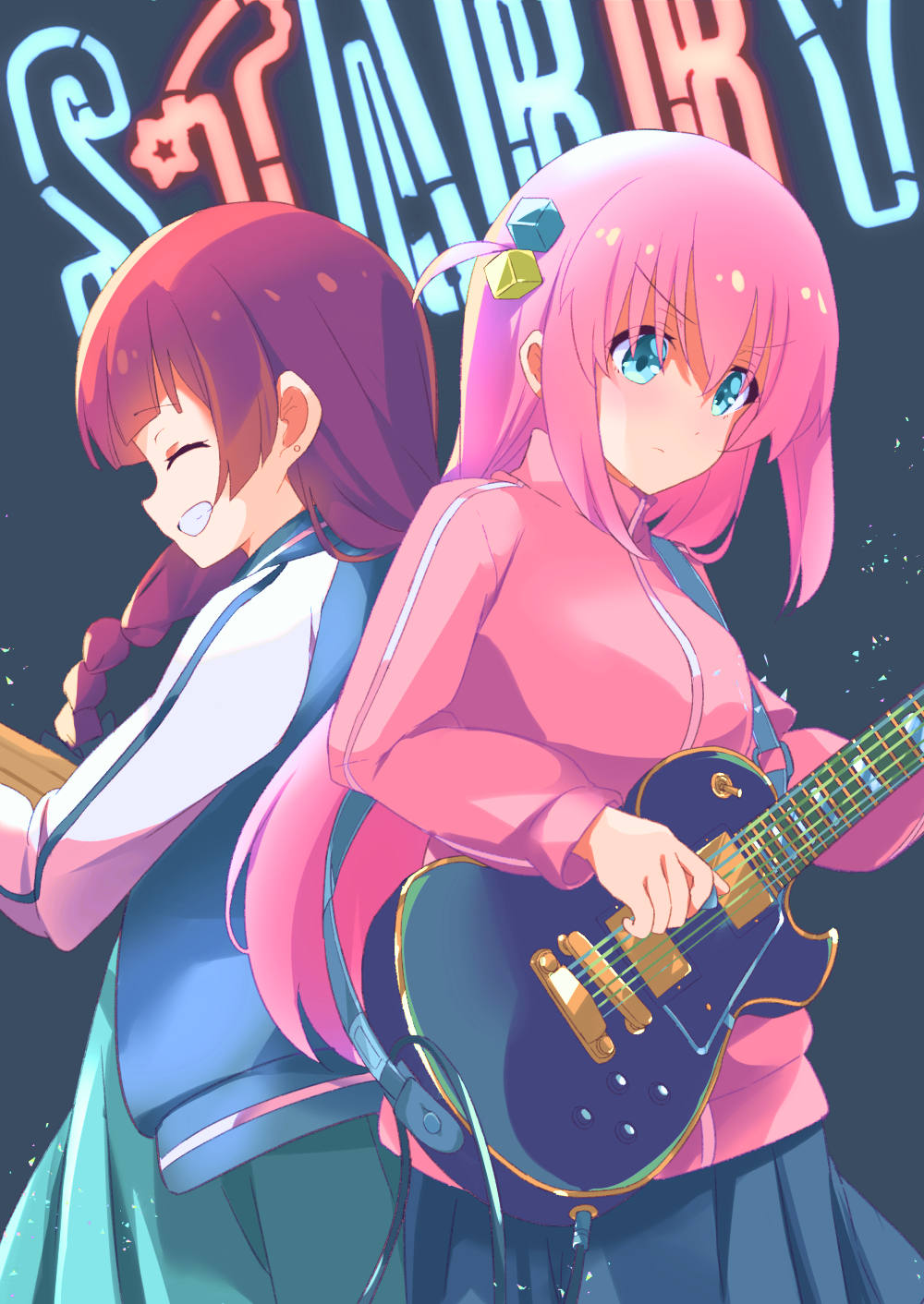 2girls ^_^ back-to-back bangs blue_eyes blue_skirt bocchi_the_rock! braid breasts closed_eyes closed_mouth cube_hair_ornament electric_guitar gotou_hitori grin guitar guraasan hair_between_eyes hair_ornament highres hiroi_kikuri holding holding_instrument instrument jacket long_hair long_sleeves medium_breasts multiple_girls neon_lights one_side_up pink_hair pink_jacket pleated_skirt profile puffy_long_sleeves puffy_sleeves redhead single_braid skirt smile track_jacket v-shaped_eyebrows very_long_hair