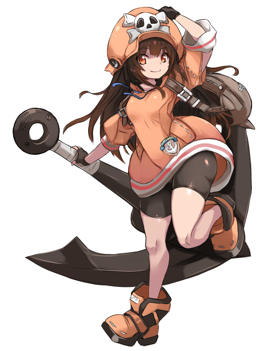 1girl anchor arm_up backpack bag bike_shorts black_gloves black_shorts boots brown_eyes brown_hair dress fingerless_gloves full_body gloves guilty_gear hand_on_headwear hat highres karukan_(monjya) leg_up long_hair may_(guilty_gear) orange_dress orange_footwear orange_headwear short_dress shorts shorts_under_dress smile solo standing standing_on_one_leg thighs weapon wind wind_lift