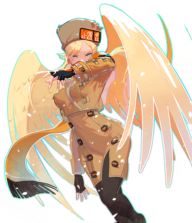 black_gloves black_pantyhose blonde_hair blue_eyes brown_coat brown_headwear coat cofffee fingerless_gloves fur_hat gloves guilty_gear guilty_gear_strive hair_wings hat long_hair looking_at_viewer millia_rage orange_scarf pantyhose scarf ushanka white_background