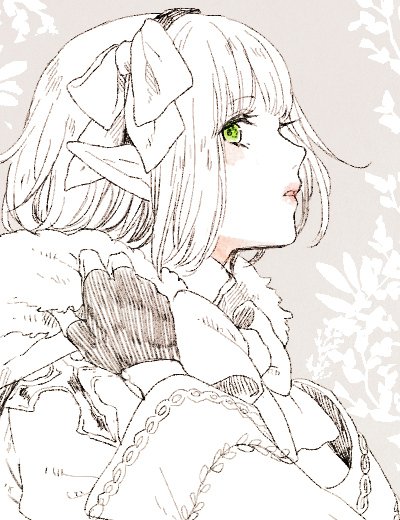 1girl arch_bishop_(ragnarok_online) bangs blush bow bowtie commentary_request cross fingerless_gloves gloves green_eyes greyscale hair_bow hairband looking_at_viewer looking_to_the_side monochrome open_mouth pointy_ears ragnarok_online short_hair solo spot_color tokio_(okt0w0) upper_body