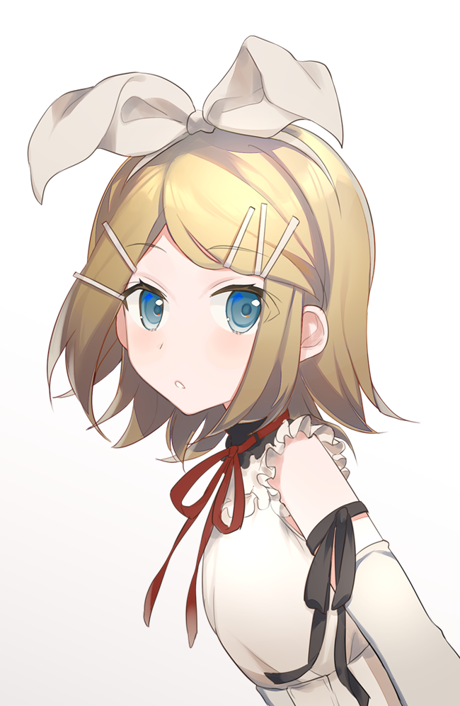 1girl 25-ji_night_code_de._(project_sekai) blonde_hair blue_eyes blush bow from_side hair_bow hair_ornament hairclip headband kagamine_rin looking_at_viewer parted_lips project_sekai raised_eyebrows ribbon short_hair simple_background solo upper_body vocaloid white_background zazuzu