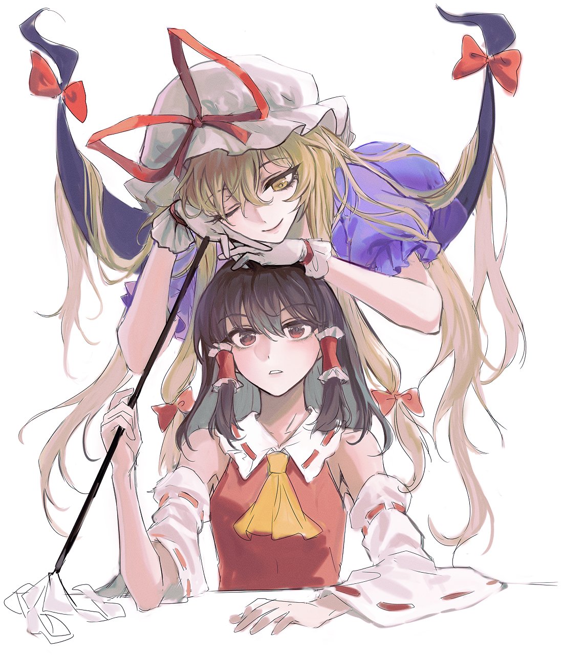 2girls ;) ascot black_hair blonde_hair bow closed_mouth commentary detached_sleeves frilled_hair_tubes frills gap_(touhou) gloves gohei hair_between_eyes hair_tubes hakurei_reimu hand_on_another's_head hat hat_ribbon head_on_head head_rest head_tilt highres holding holding_gohei korean_commentary long_hair looking_down looking_up medium_hair multiple_girls one_eye_closed parted_lips red_bow red_eyes red_ribbon red_vest ribbon ribbon-trimmed_sleeves ribbon_trim sidelocks simple_background smile touhou very_long_hair vest white_background white_gloves white_headwear white_sleeves yakumo_yukari yellow_ascot yuggug