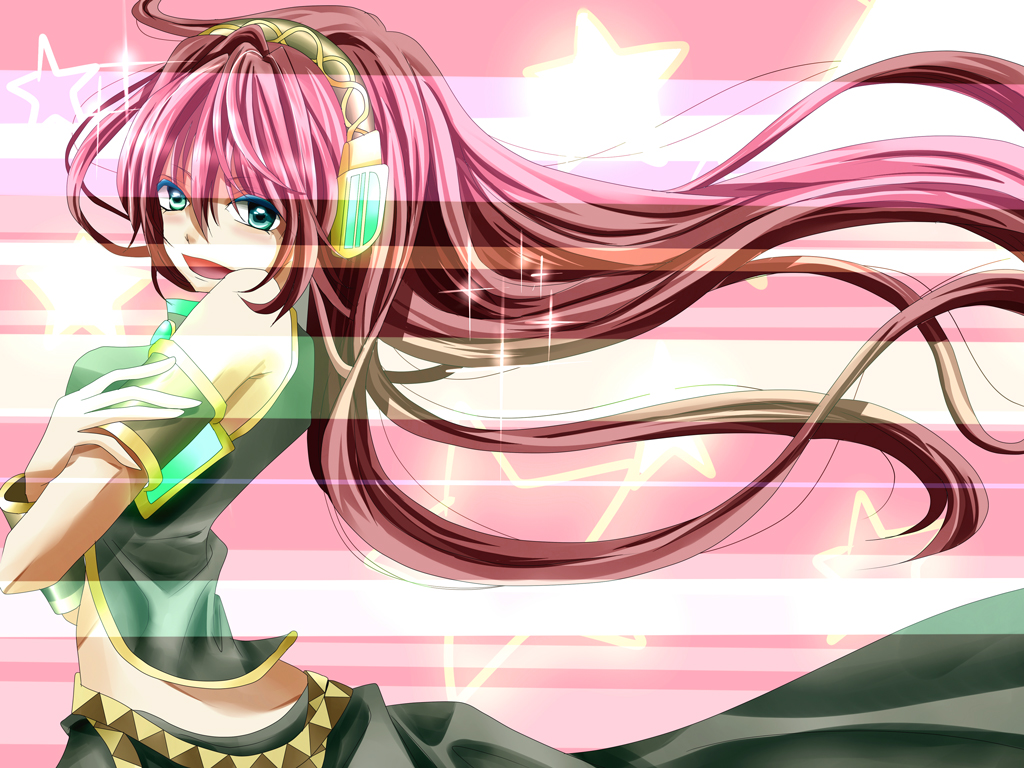1girl bare_arms blue_eyes breasts commentary_request headphones long_hair long_skirt looking_at_viewer luka_luka_night_fever_(vocaloid) medium_breasts megurine_luka open_mouth pink_background pink_hair pink_nails ruu_(nnhaao) samfree_("night"_songs) skirt smile solo sparkle_background vocaloid