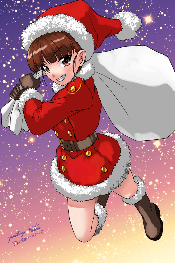 1girl aki_(girls_und_panzer) boots brown_eyes brown_hair christmas full_body girls_und_panzer gloves hat holding holding_sack looking_at_viewer matsui_yasutsugu one-hour_drawing_challenge sack santa_costume santa_hat shiny shiny_hair signature simple_background smile solo starry_background