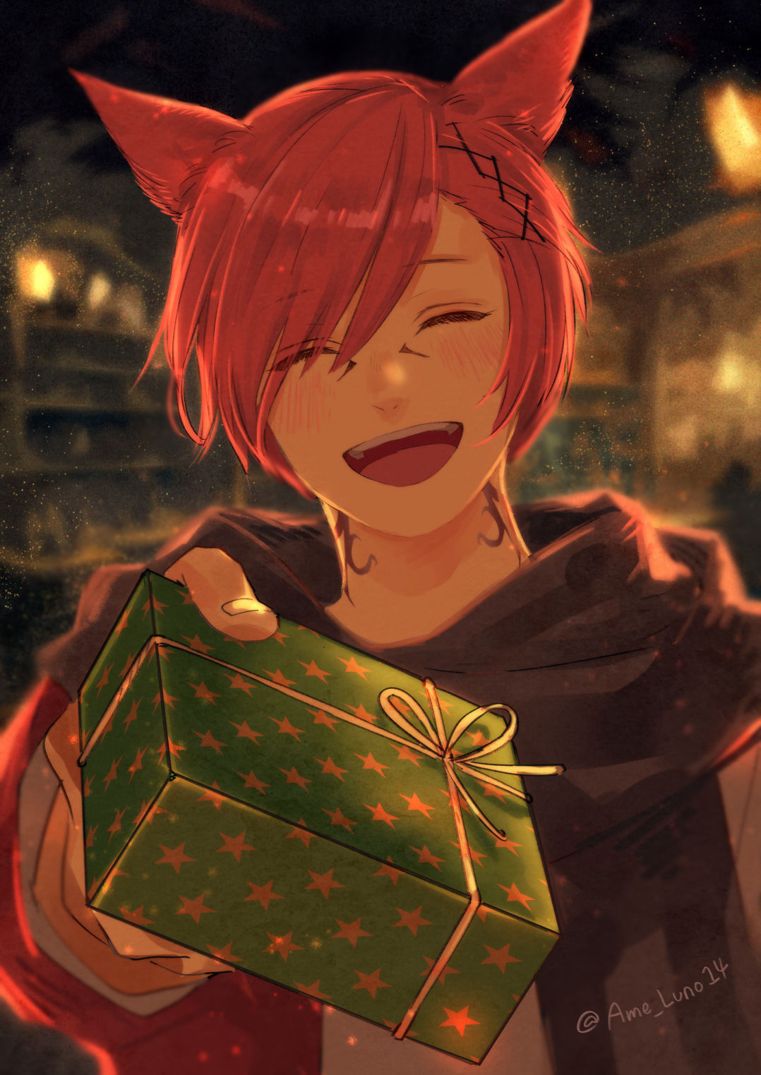 1boy ^_^ ^o^ ame_(conronca) animal_ears bangs black_scarf blurry blurry_background box cat_ears christmas closed_eyes commentary facial_mark facing_viewer final_fantasy final_fantasy_xiv foreshortening g'raha_tia gift gift_box hair_ornament happy highres holding holding_gift incoming_gift male_focus miqo'te neck_tattoo night open_mouth outstretched_arm redhead scarf short_hair signature smile solo swept_bangs tattoo teeth twitter_username upper_body upper_teeth_only x_hair_ornament