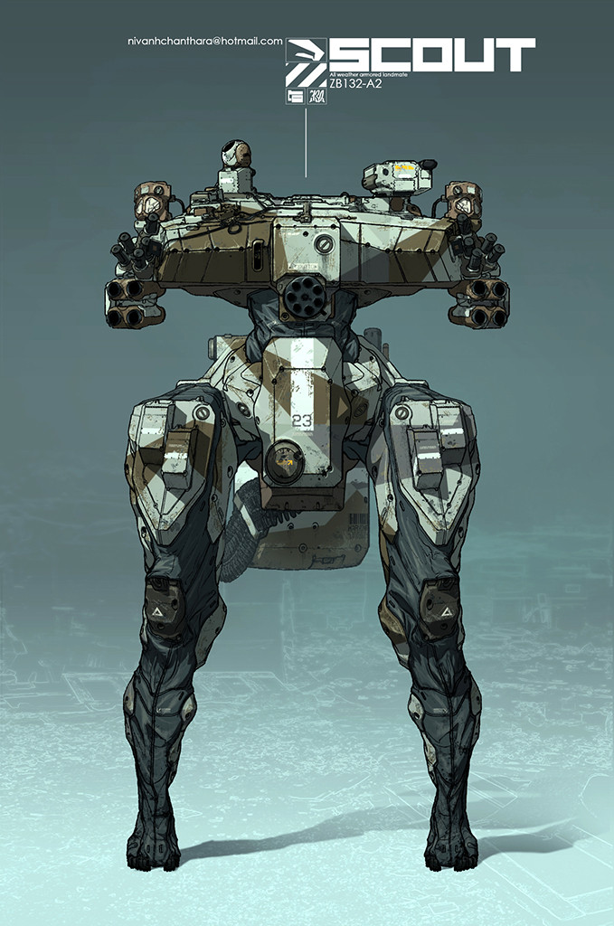 cable chain_gun english_commentary full_body mecha nivanh_chanthara no_humans original robot science_fiction shadow standing straight-on walker