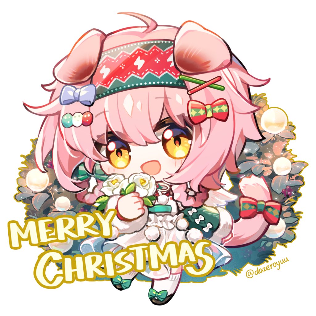 1girl :d ahoge animal_ears arknights bangs blush bow cat_ears cat_girl cat_tail chibi christmas commentary_request dazeroyuu flower footwear_bow goldenglow_(arknights) goldenglow_(night_loving_servant)_(arknights) green_bow green_hairband hairband hand_up looking_at_viewer medium_hair merry_christmas open_mouth pink_hair shoes smile solo tail tail_bow tail_ornament twitter_username white_flower yellow_eyes