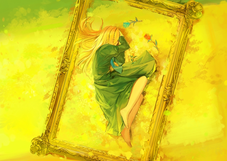 1girl barefoot blonde_hair covering_face dress field flower hands_on_own_head ib juliet_sleeves long_hair long_sleeves lying mary_(ib) on_side ousi1997 picture_frame puffy_sleeves rose solo very_long_hair