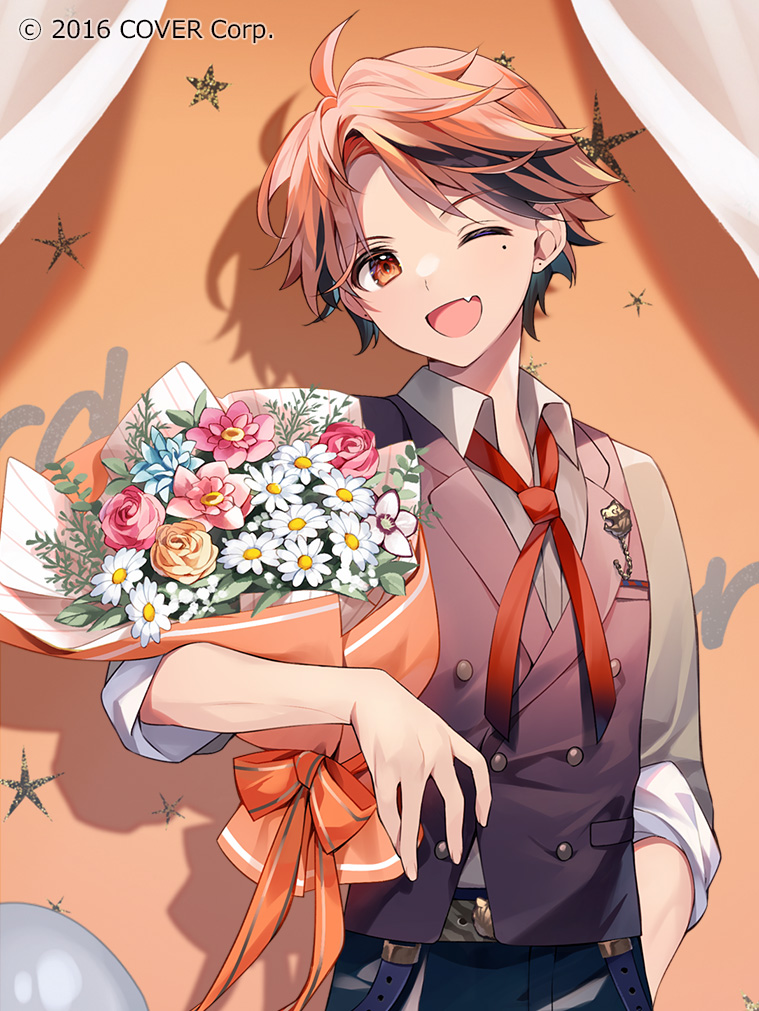 1boy ;d ahoge balloon bangs belt black_hair black_pants blue_flower bouquet brown_vest collared_shirt copyright daisy earrings fang flower grey_shirt hand_in_pocket holding holding_bouquet holostars jewelry lapel_pin looking_at_viewer male_focus mole mole_under_eye multicolored_hair neck_ribbon official_art one_eye_closed open_collar orange_eyes orange_flower orange_hair orange_rose pants parted_bangs pink_flower pink_rose red_ribbon ribbon rose shadow shirt short_hair skin_fang sleeves_rolled_up smile solo star_(symbol) streaked_hair stud_earrings suimya upper_body vest virtual_youtuber white_flower yukoku_roberu