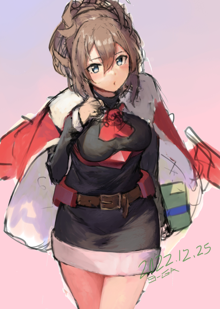 1girl 9-ga bangs belt black_dress blue_eyes blush box breasts brown_hair christmas dated dress gift gift_box gradient gradient_background hair_between_eyes holding jacket jacket_on_shoulders kantai_collection long_sleeves looking_at_viewer medium_breasts ponytail red_jacket sheffield_(kancolle) signature simple_background sketch solo unfinished