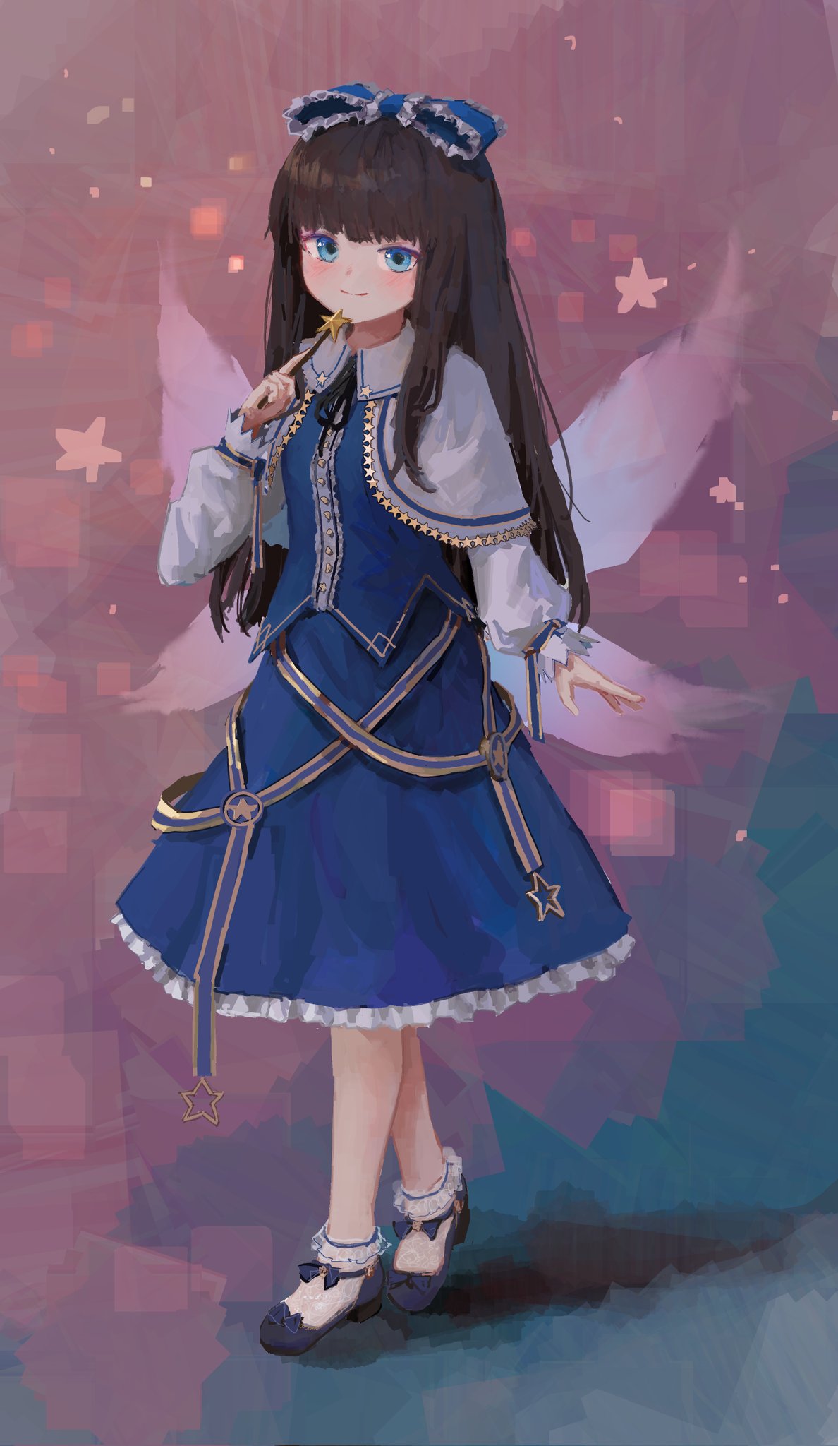 1girl bangs black_hair blue_bow blue_eyes blue_footwear blue_skirt blue_vest blunt_bangs blush bow capelet commentary crossed_legs dress embellished_costume english_commentary fairy_wings frilled_bow frills full_body hair_bow hand_up highres hime_cut long_hair long_sleeves looking_at_viewer reddizen sidelocks skirt smile socks solo star_(symbol) star_sapphire star_wand touhou vest watson_cross white_capelet white_socks wing_collar wings