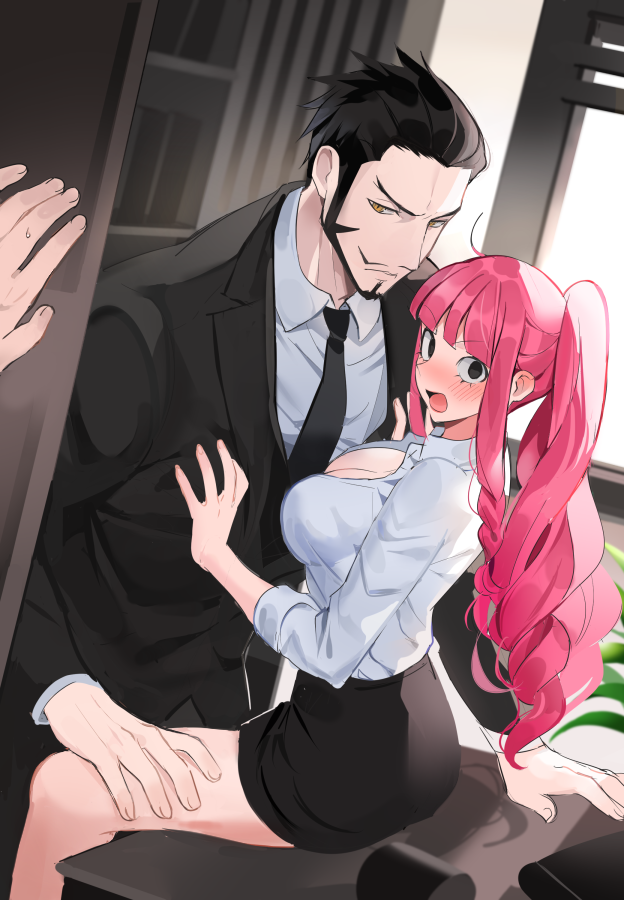 1boy 1girl black_eyes black_suit collared_shirt desk dracule_mihawk drill_hair formal hand_on_another's_chest hand_on_another's_thigh hetero joman long_hair necktie office_lady on_desk one_piece pencil_skirt perona pink_hair shirt sitting sitting_on_desk skirt suit white_shirt