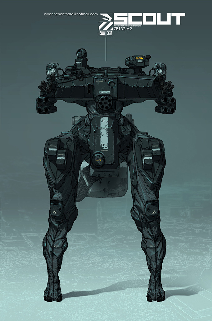 cable chain_gun english_commentary full_body mecha nivanh_chanthara no_humans original robot science_fiction shadow standing straight-on walker